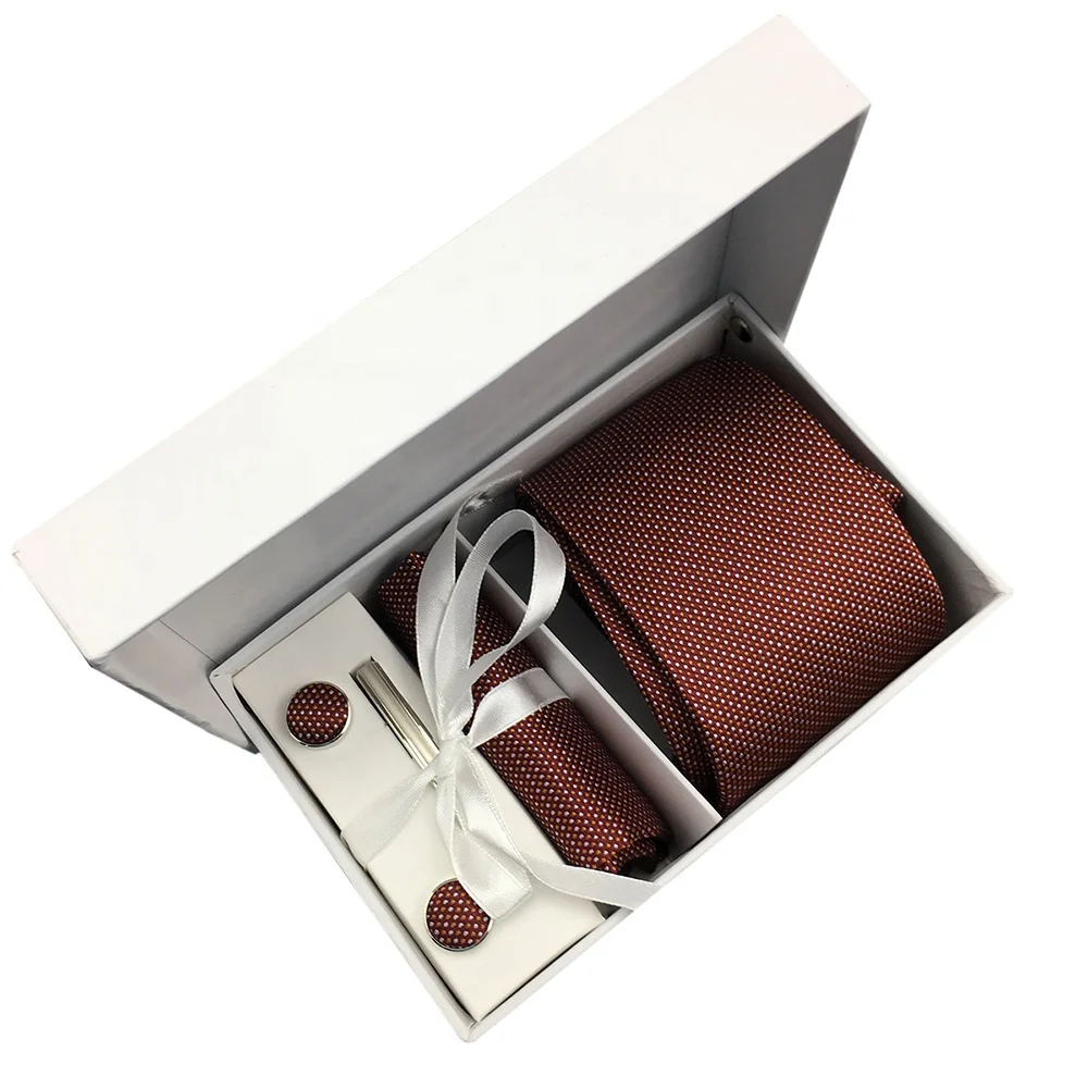 Mens Necktie Pocket Square Cufflinks Tie Bar Assorted Gift Set Maroon Red 100% Silk Custom Woven Allover Dot Ties Men Set In Box