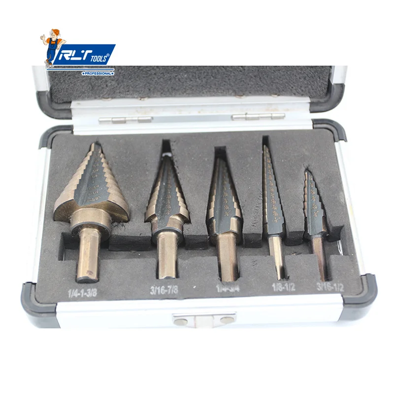 Rlt Tools High Quality 5pcs In 1 Box Pagoda Drill Wood Drill Triangular Stepped Cone Metal Drill Bit Set