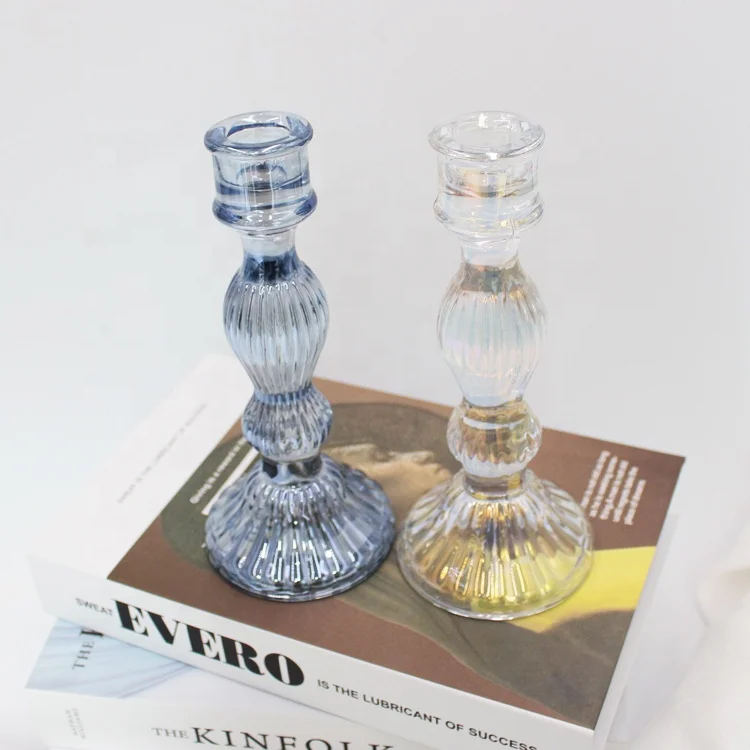 LANGXU Set of 3 Crystal Taper Tall Glass Candle Holders Candlestick clear Glass Pillar Candle Holder Welcome Oem