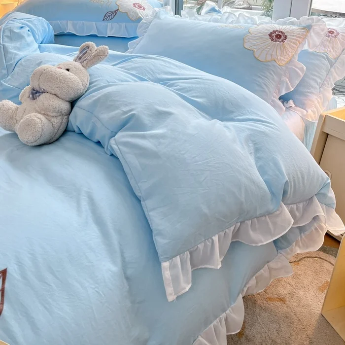 Wholesale New Floral Washed Cotton Bedding Set Queen King Washed Cotton Embroidery Textile Duvet Cover Bedsheet Pillowcases 4Pcs