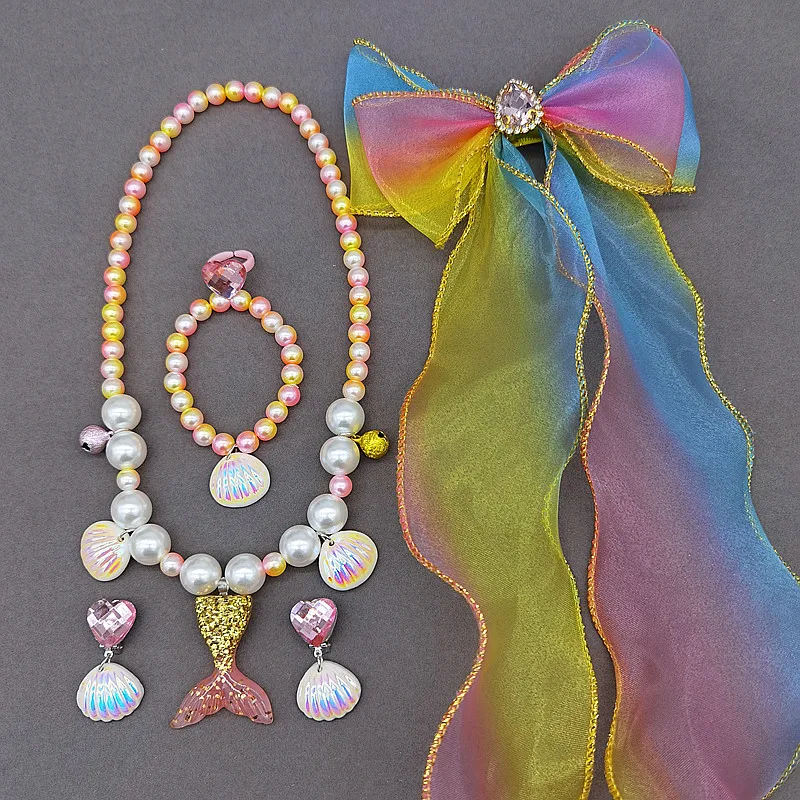 Hot Sales Little Girls Jewelry Set Fashion Beautiful Mermaid Tail  Pearl Beading Necklace Bracelet Ring Earring Set For Children