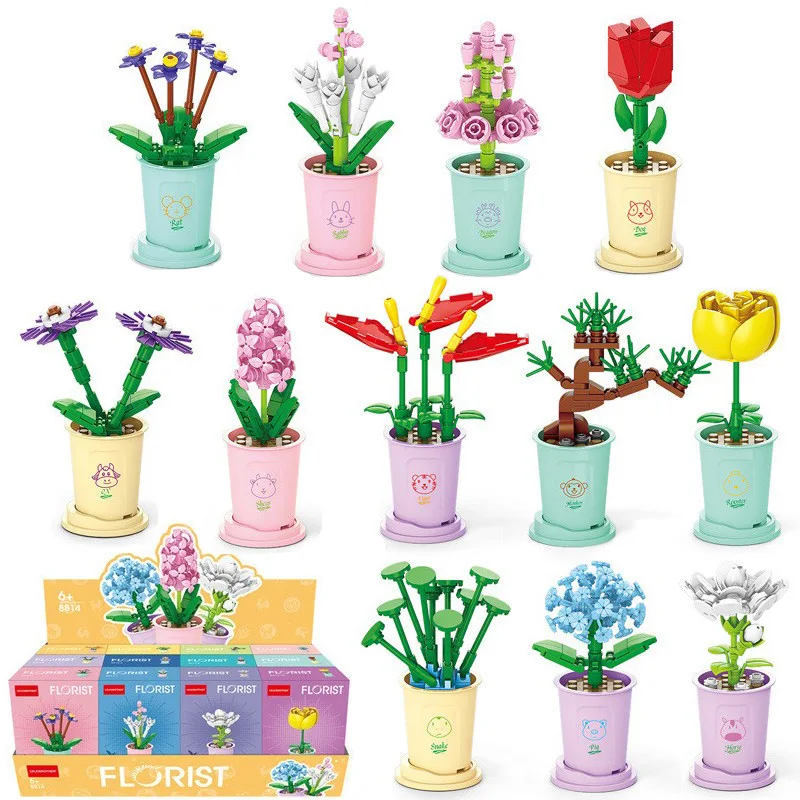 Compatible with legos flower potted plant simulation bouquet tabletop decoration assembly block toy wholesale