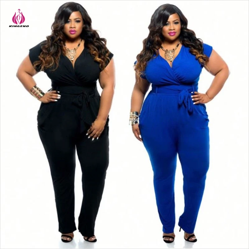 K2152 Wholesale Fashion V-Neck Short-Sleeved Solid Color Sexy Plus Size Jumpsuit Romper For Fat Women