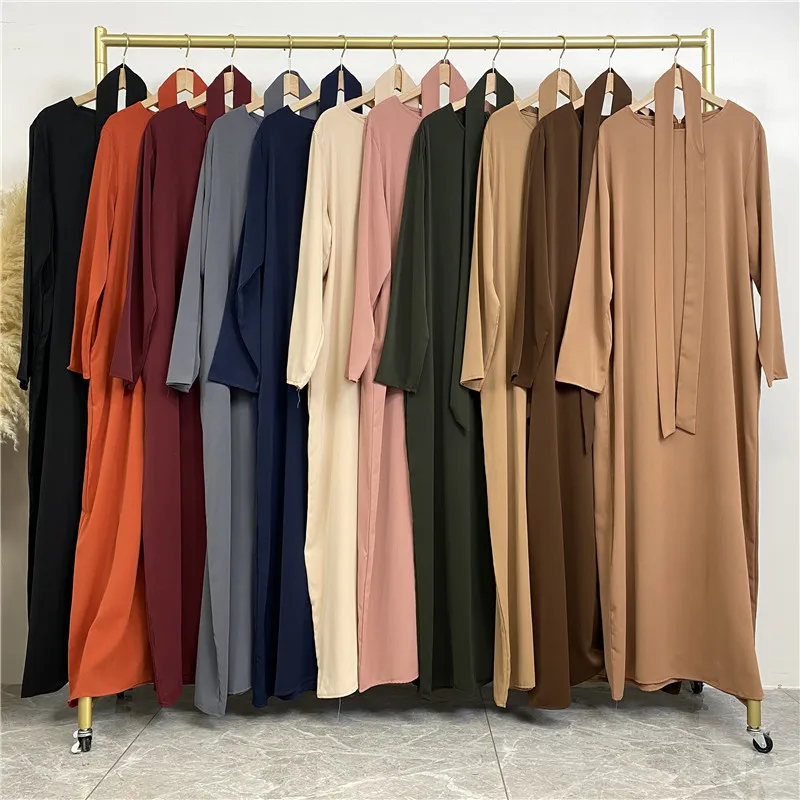 Elegant Solid Color Muslim Prayer Dress With Pocket Crew Neck Basic Shirts Long Belt Slim Lace Up Eid Dresses for Muslim Girls