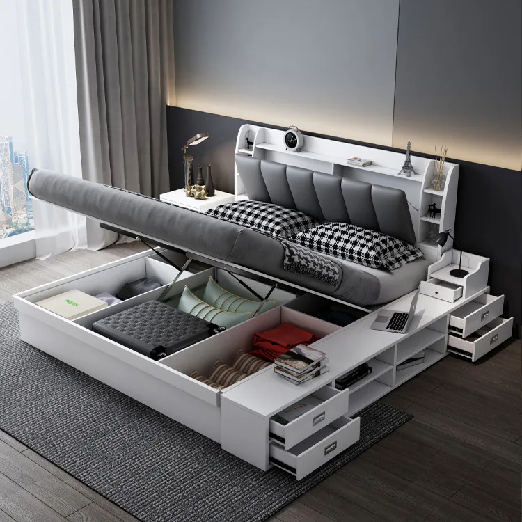 Odyhome DB468 Factory outlet luxury small double bed with storage bed frame storage queen bed frame for bedroom
