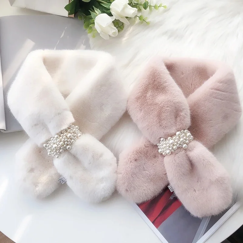 2021 New Soft Designer Pearl Faux Fur Scarf Women Winter Fashion Thick Warm Neck Collar Scarves