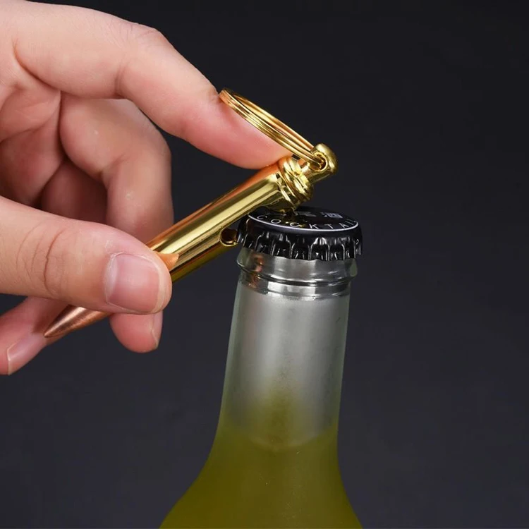 Wholesale cheap price key chain custom laser engraving logo metal gold bullet bottle opener keychain for beer