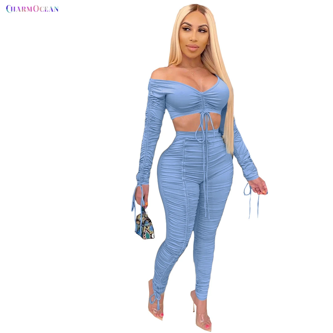 
Free Shipping C09441 - ladies casual patcheds long sleeve top and stacked pants solid bandage two piece set 