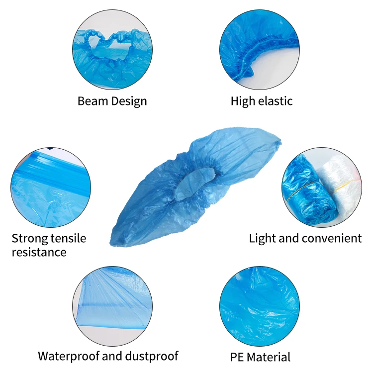 waterproof protective plastic pe disposable elastic blue non skid shoe cover for automatic shoe cover dispenser