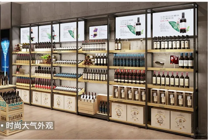 supermarket wooden Vin rouge display cabinet,red wine display rack for retail store