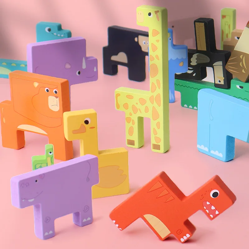 Wooden Animal Jigsaw Puzzle Brain Teasers Toy Tetris Blocks Intelligence Russian Blocks Game Montessori Educational Gift for Kid
