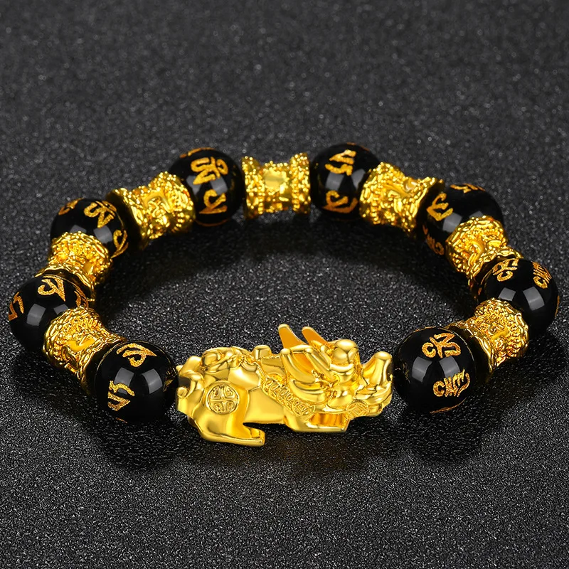Luxury Charm 12mm Good Luck Buddha Lucky Wealth Pixiu Power Piyao Feng Shui 18K Gold Plated Black Obsidian Bracelet Men Women