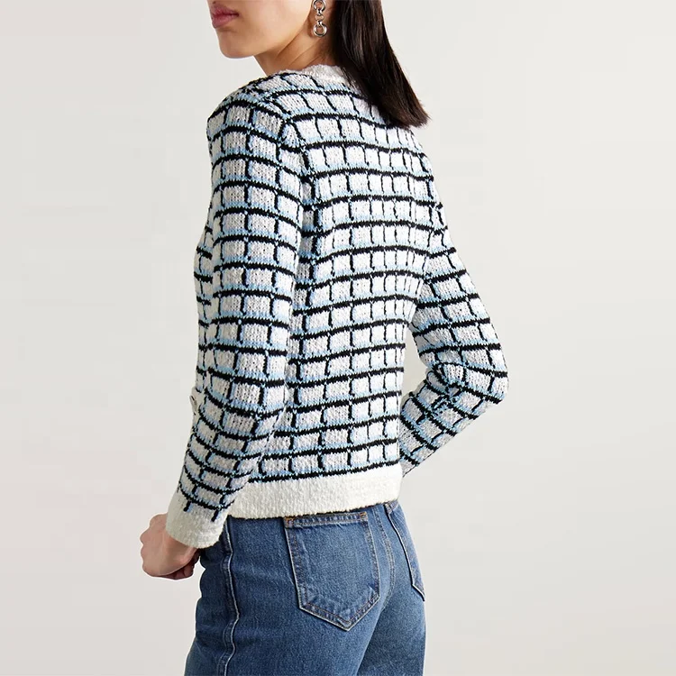 Knitwear Manufacturer Custom Spring Autumn crew Neck Long Sleeve Single Breasted Cotton Jacquard Knit Cardigan Sweater Women