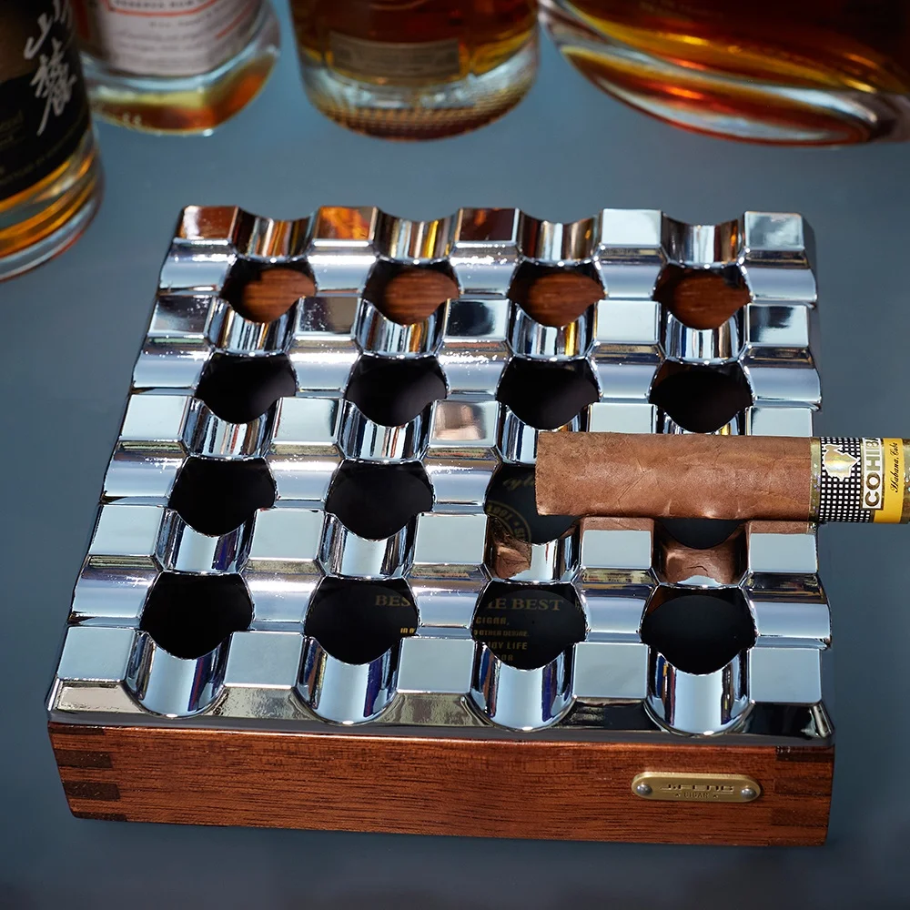 JIFENG JF-2020 New arrival luxury 16 holes lid windproof indoor outdoor Square Wood and Metal Desktop Cigar bar Ashtrays