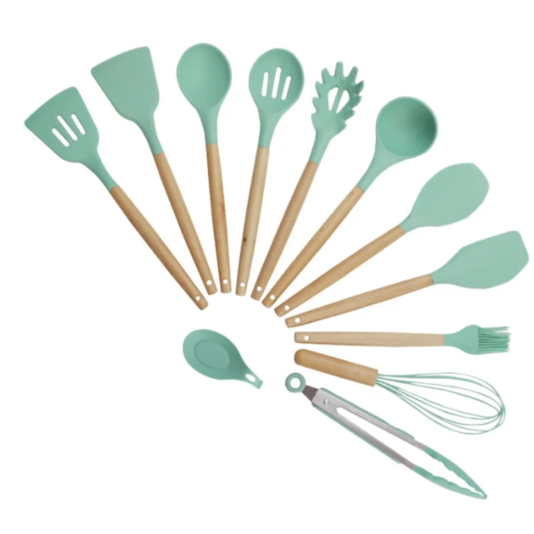 12 Pieces Silicone Kitchen Cooking Tools Wooden Handles Stand Kitchenware Spatula Silicone Kitchen Utensils Set