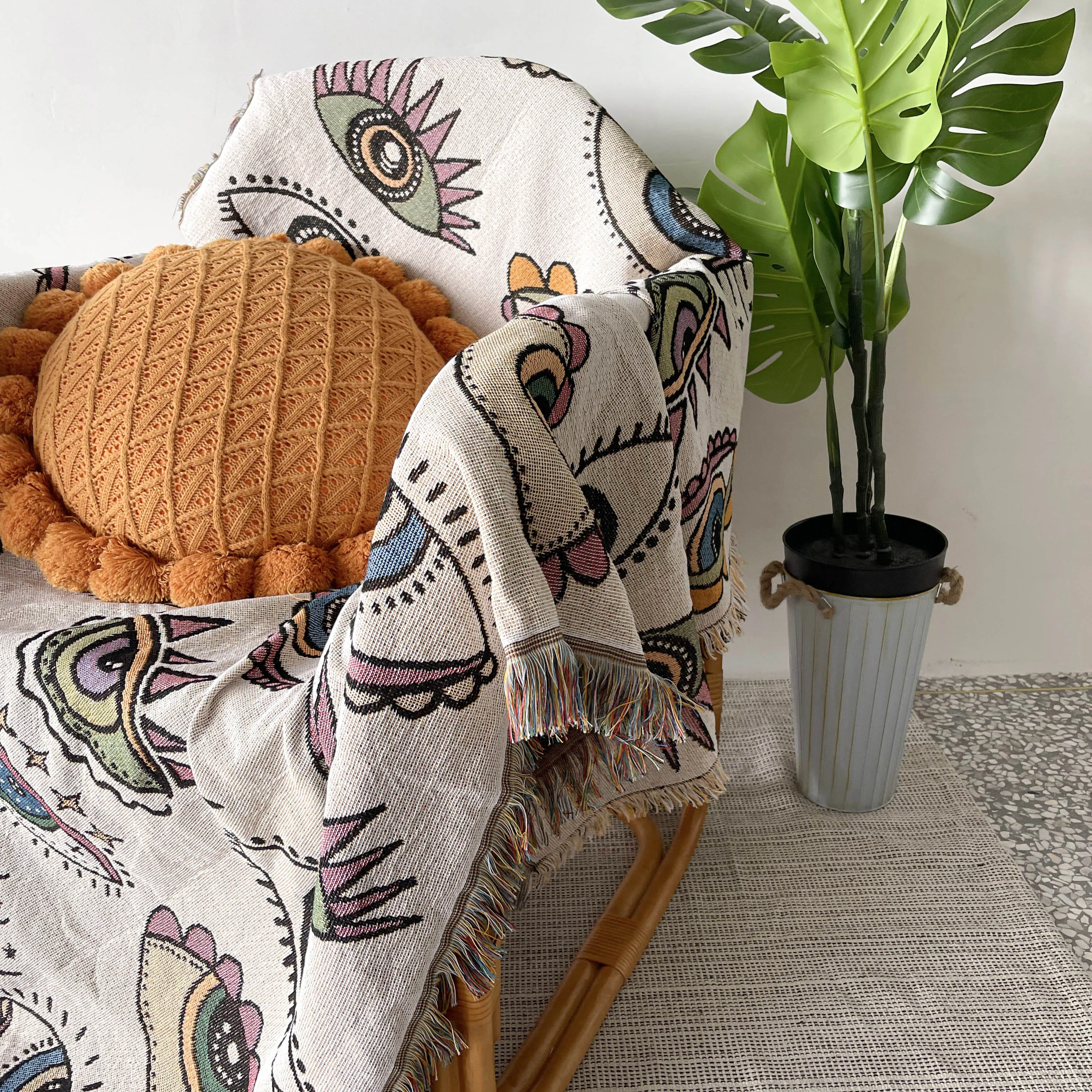 Wholesale high quality manufacture multifunction turkish hand woven evil eyes tapestry cotton polyester blanket