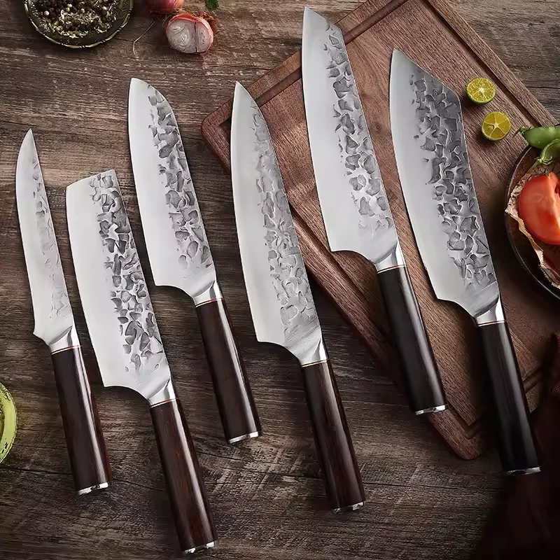 Sturdy Macassar Ebony Wooden Handle Kitchen Knives Set Forged Heated Blade Chef Knife Utility 5 Inch Practicality Tool Knife