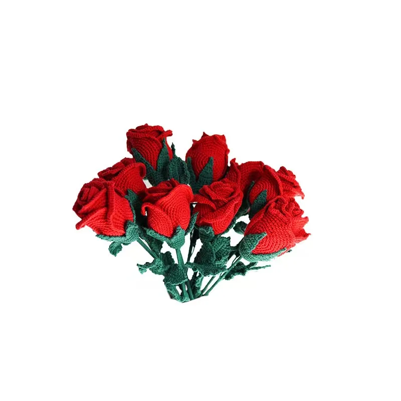 wholesale colorful  Handmade Crochet knitting woolen yarn Artificial red rose Bouquet for gift