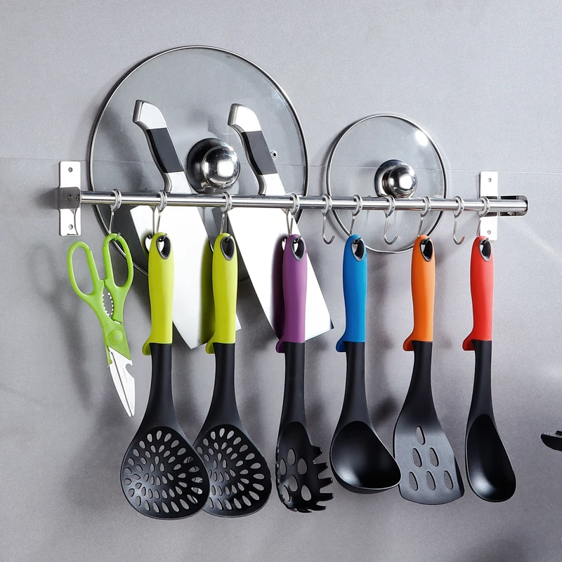 Wholesale Multifunctional Stainless Steel Kitchen Accessories Pan Shelf Wall Pot Rack With Hooks