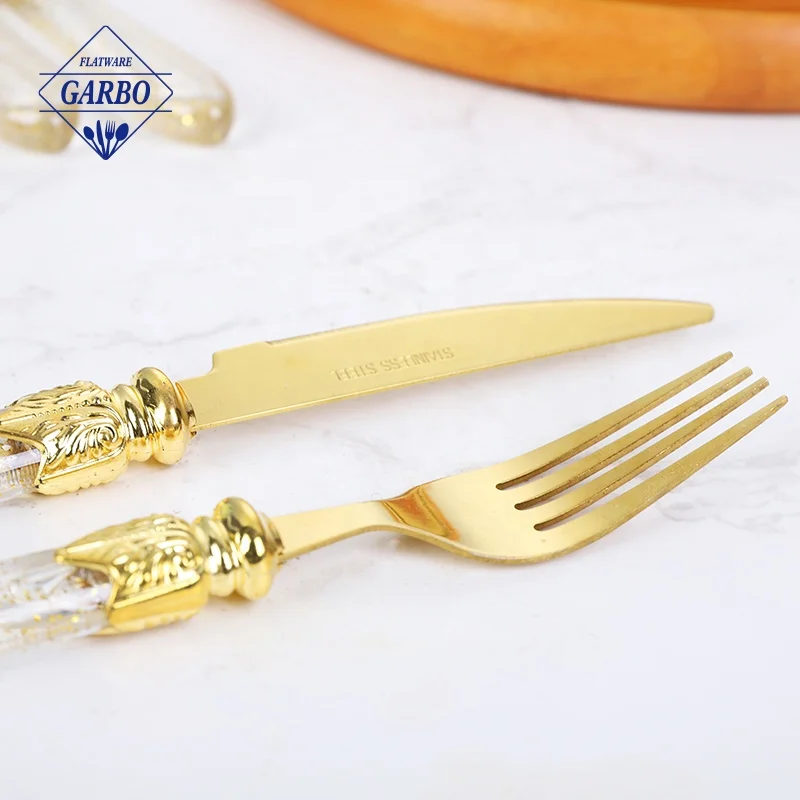 Factory supply 410 SS Steak Knife with PS Gold Handle Home Table Used Custom Flatware Dinner Knife Silverware Set