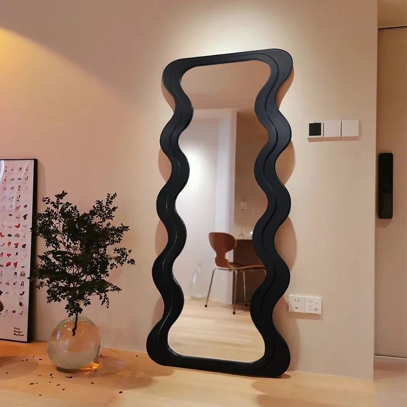 Wavy Large Full  Floor Length Wave Shape Wooden Frame Stand Mirrors Arch  Irregular Decorative Wall Dressing Full-Length Mirror