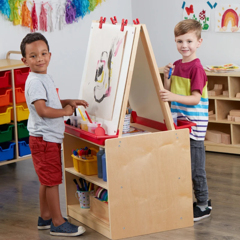 Kindergarten Wooden Easel For Children Foldable Double Magnetic Board Daycare Art Easel With Paper Roll Kids Preschool Suppliers
