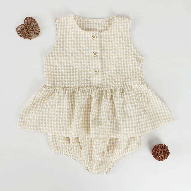 Summer plaid baby clothing sets ruffle sleeveless baby outfits shorts