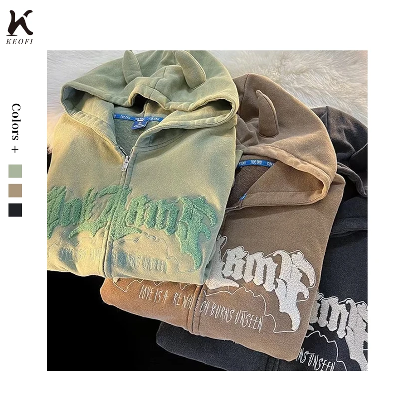 Custom Hoodies Heavyweight French Terry High Quality Cotton Fleece Streetwear Full Zip Up Hoodie With Horns