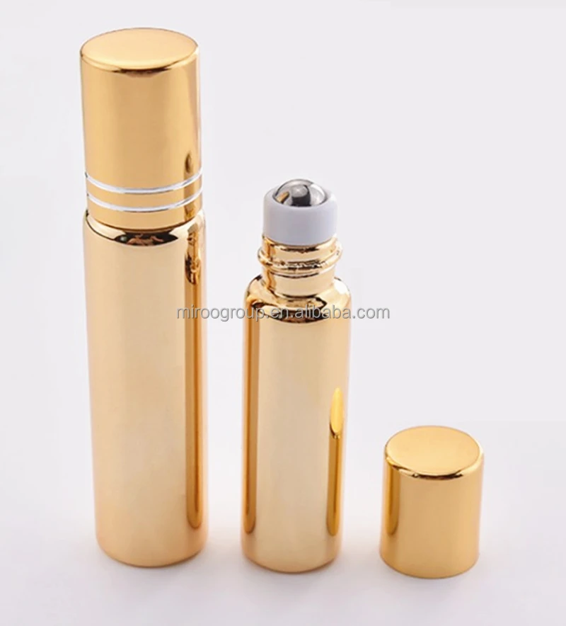 Luxury 5ml 10ml UV Coated Gold Glass Roller Tube Refillable Roll on Stainless Steel Rollers Bottle for Essential Oil Perfume