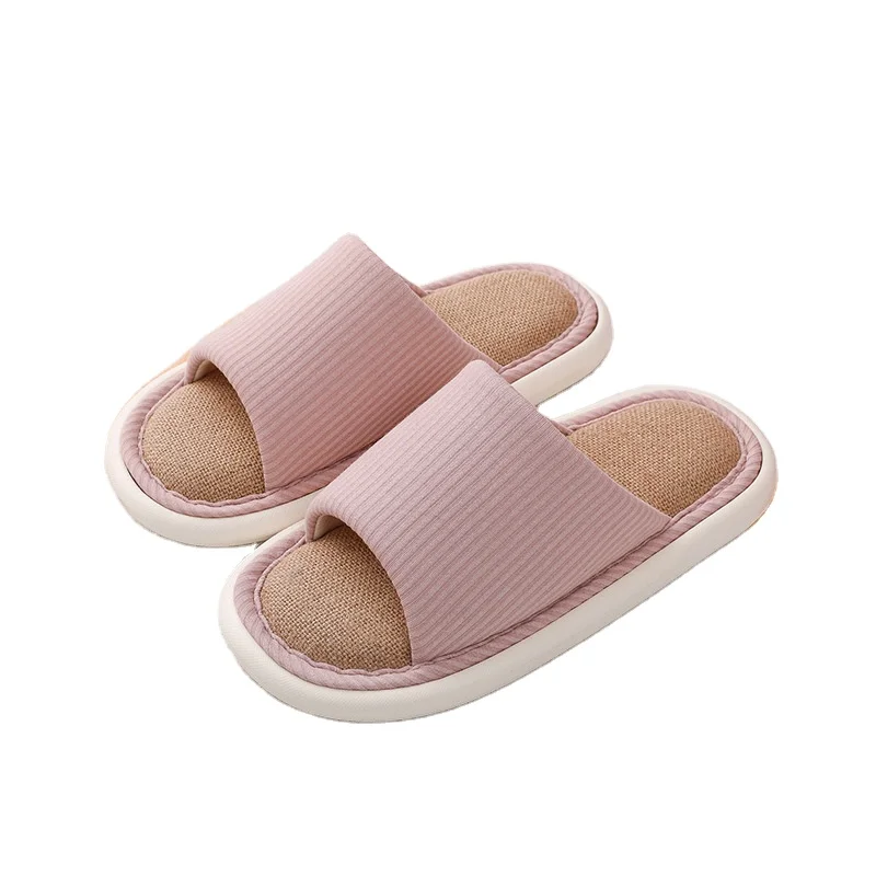 Home wood floor soft bottom breathable summer four seasons slippers men linen slippers women silent indoor couple