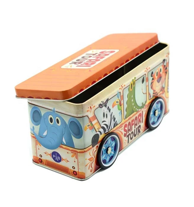 promotional gift tin bus car shaped metal box with 4 turning wheels