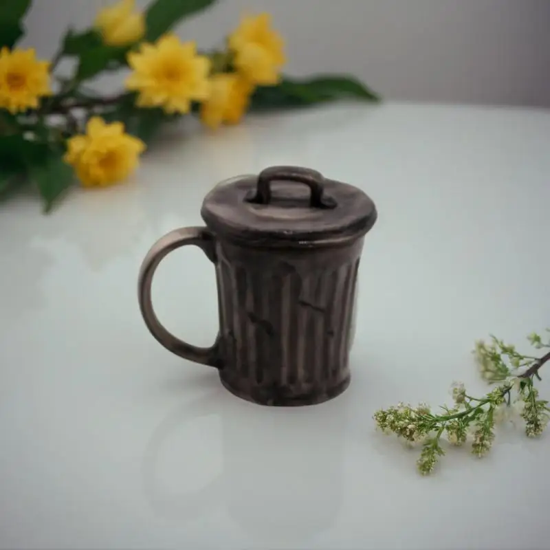 Creative Coffee color trash can Ceramic stained glass coffee mug with lid handle mug Holiday gift