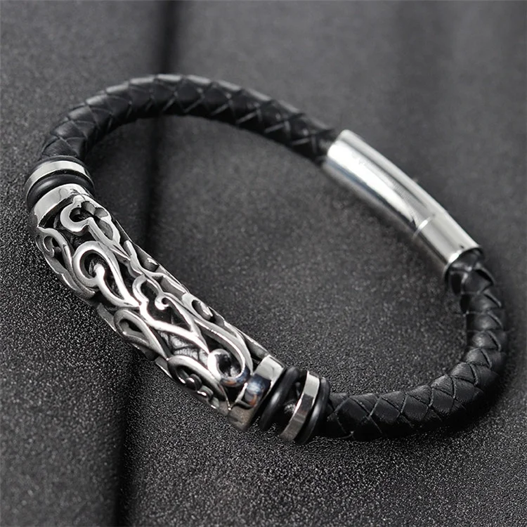 China Online Shopping Mens Stainless Steel Bead Charm Genuine Braided Luxury Leather Bracelet