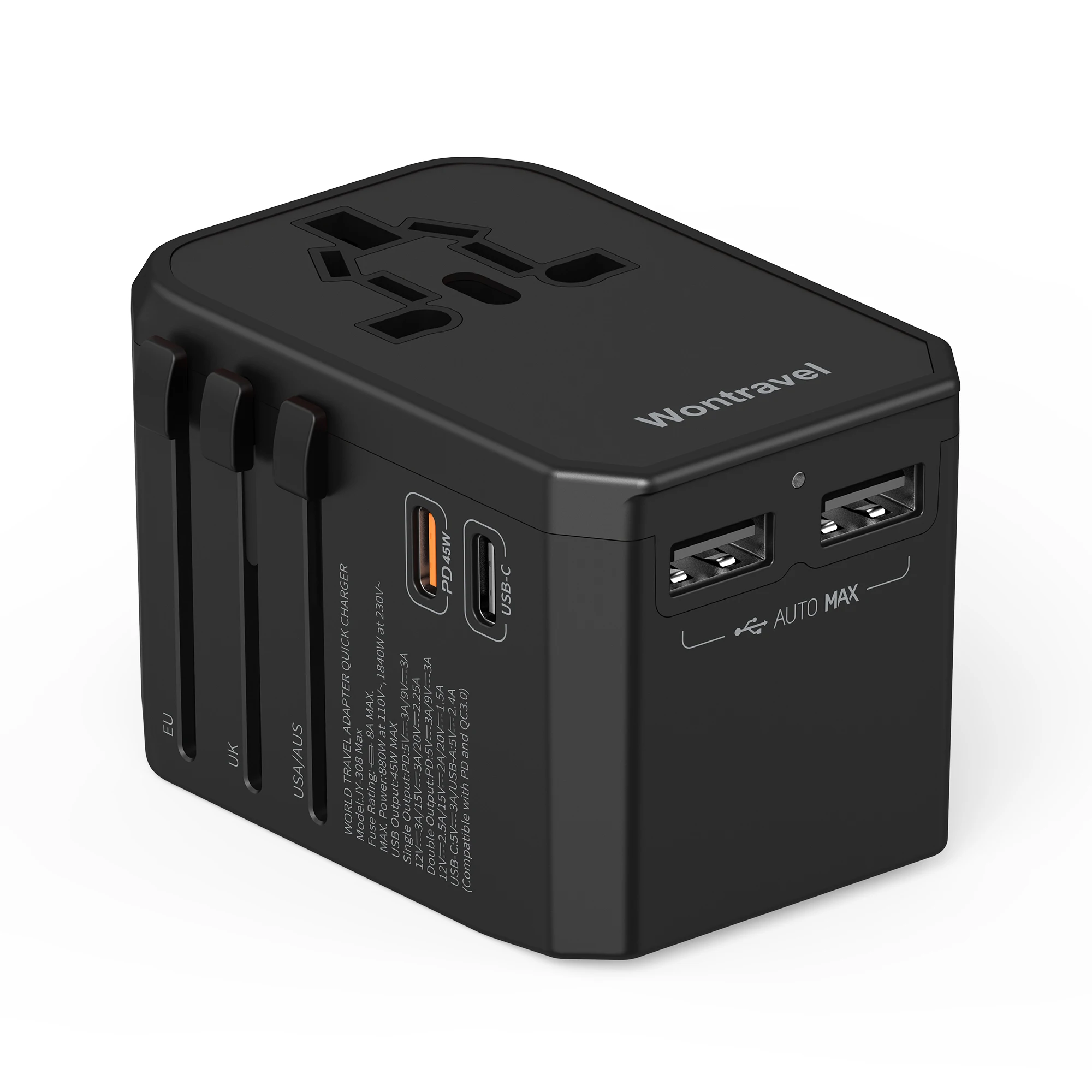Wontravel 45W Fast Charger International Universal Travel Adapter Fast Charger Worldwide AUS US EU UK Plug All in One Adapter