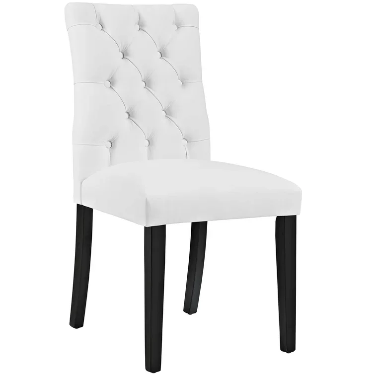 Modern Home Design Wooden Restaurant White Wash Finish Linen Fabric Tufted Back Dining Chair