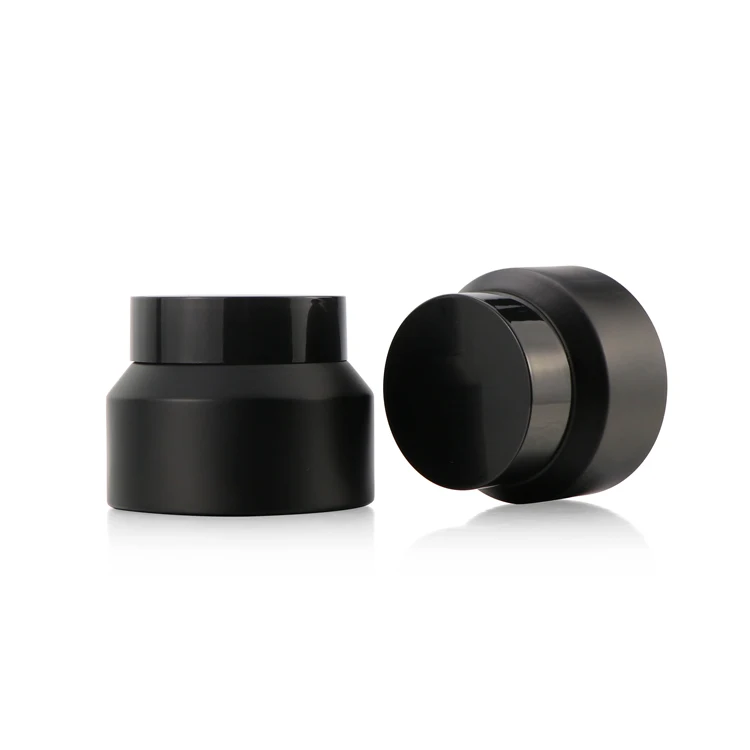 
High end 30 ml 50 ml 100 ml 1oz cream jar sloping shoulder matte black glass cosmetic jar with black plastic lid 