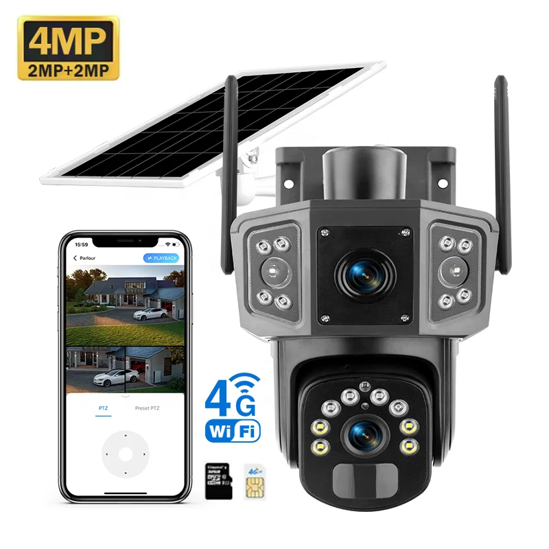High Quality Colorful Night Vision Dual Lens 4G Solar Cameras Long 8000mAh Battery Life Solar Power Surveillance PTZ Camera