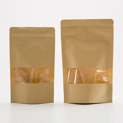 Resealable Zip lock Brown Kraft Paper Doypack Standing Up Pouches Food Packaging Bags With Clear Window and Zipper