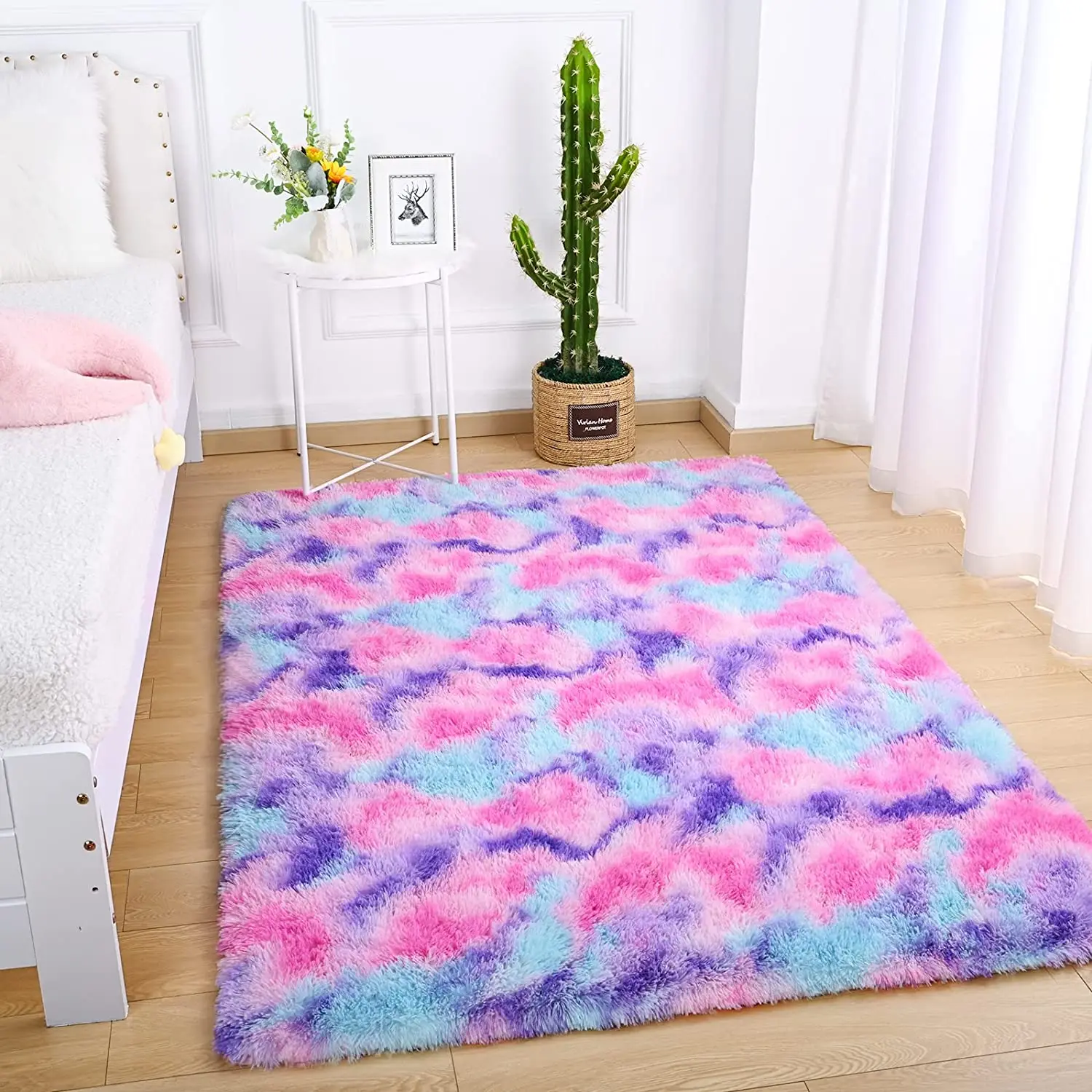 Soft Rainbow Area Rugs for Girls Room 4x6 Feet Fluffy Girls Bedroom Rugs Colorful Carpet for Kids Teens Purple
