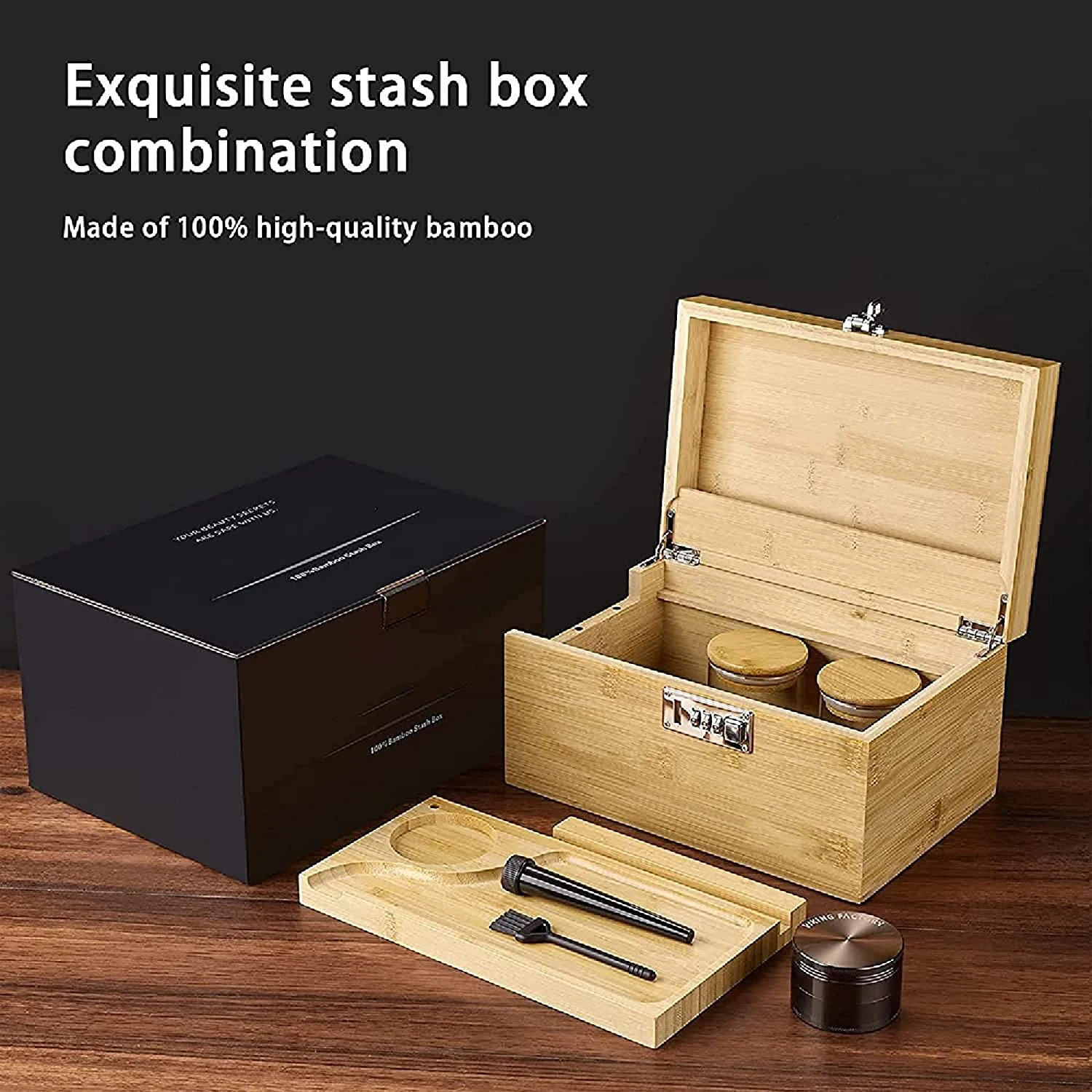 wholesale customised luxury bamboo wooden magnet smoking hash stash box bundle smell proof with lock