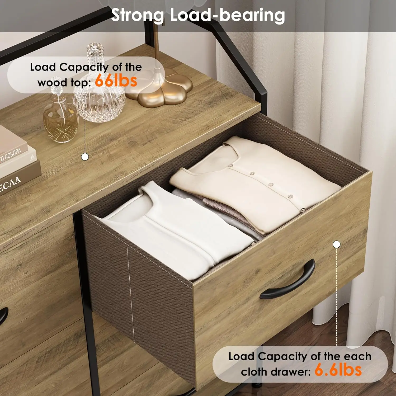 Wooden Furniture Dresser Bedroom Wood Top Storage Tower Fabric Organizer Unit Closet Clothes 6 Drawers