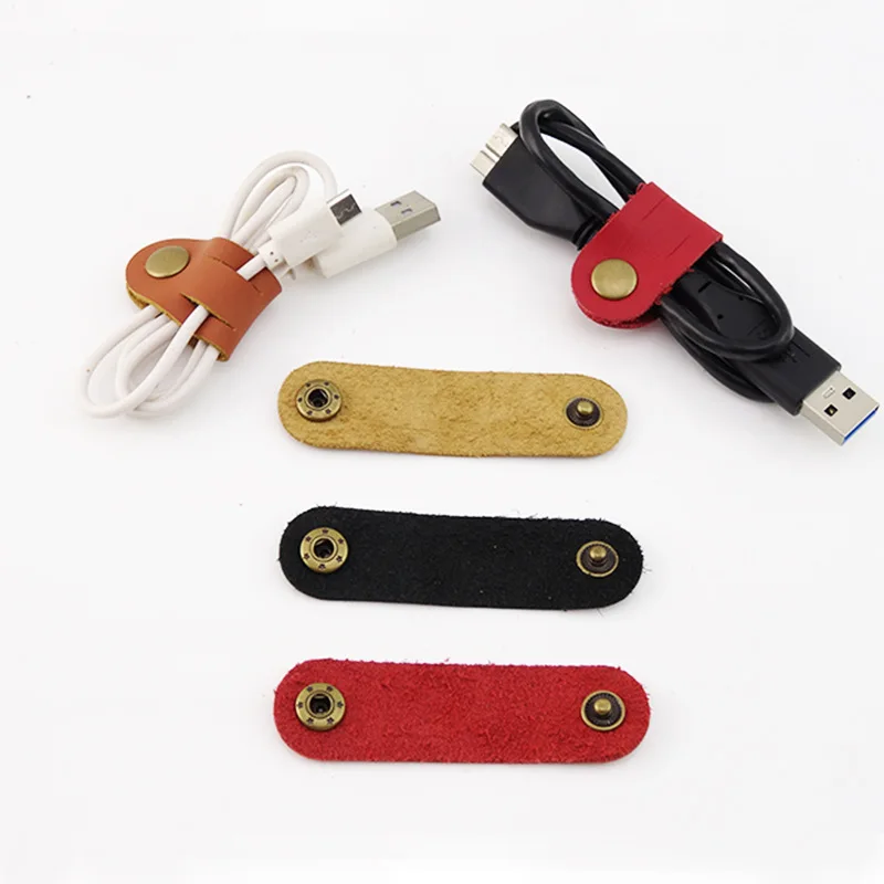Custom Logo Earphone Desk Organizer Genuine Leather Cord Cable Clip Tie Holder Wholesale Data Wire Wrap Strap Storage