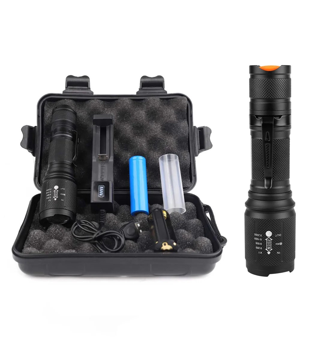 Portable Tactical Aluminum Alloy Flashlights 5 Modes T6 Zoomable Clip Torch Light LED High Lumen Flashlight Set
