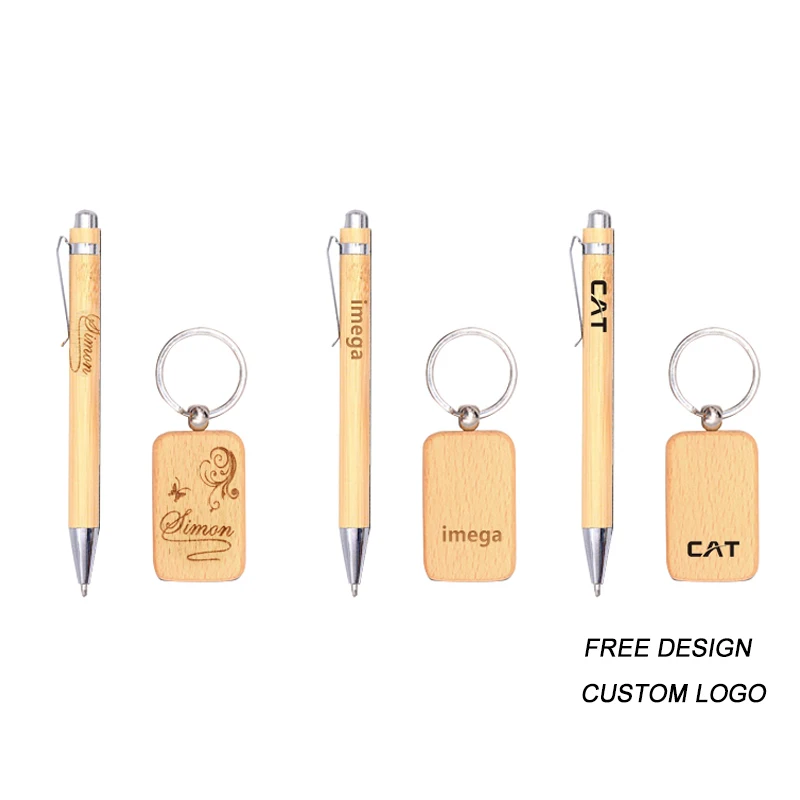 Promotional Brand Keychains Gift Item Bamboo Pen and Wooden Key Ring Gift Set