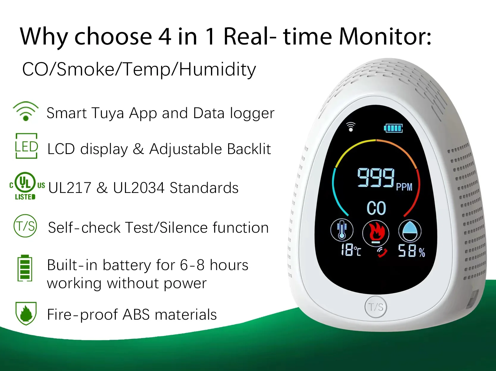 Dropshipping factory wholesale co detector 4 in 1 tuya wifi smoke alarm Temp humidity carbon monoxide gas analyzer