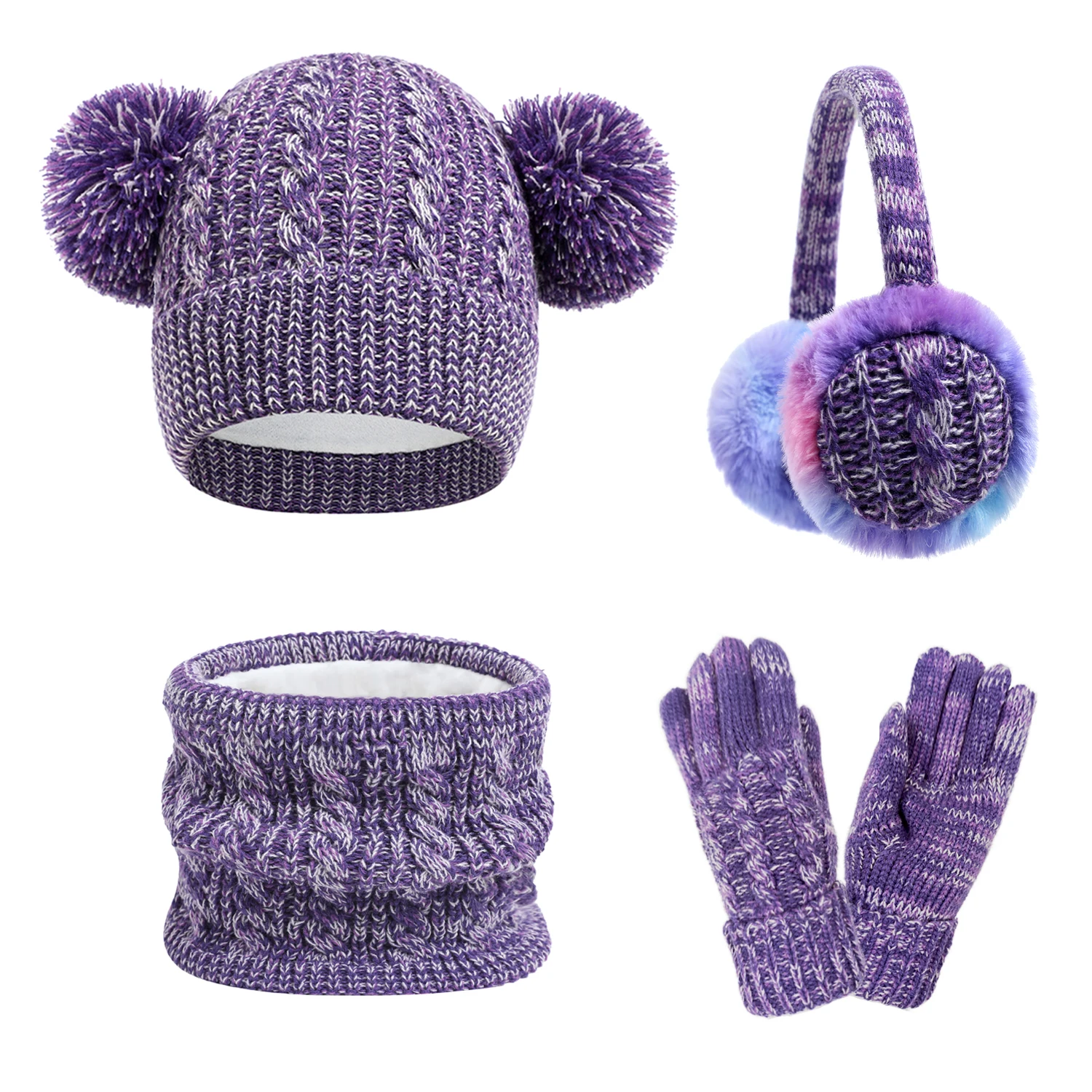 Knitted Hat Scarf Gloves Earmuffs Set Pompom Knitted Beanie Hat For Winter