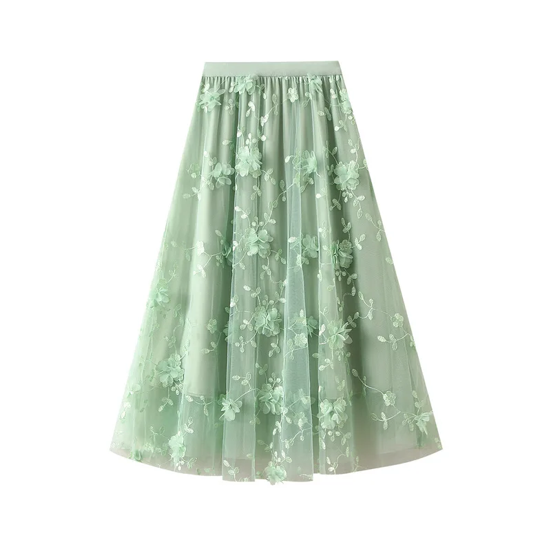 Women Skirt Embroidered A-line High Waist Long Gauze Skirt