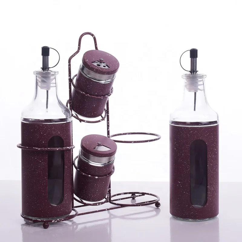 
Premium Salt and Pepper Dispenser Oil and Vinegar Bottles Glass Condiment Set with Stainless Steel Holder 
