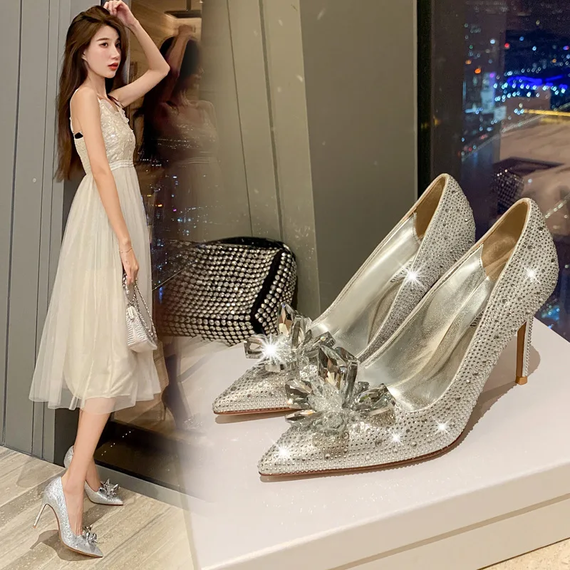 PDEP luxury Big size 43  Crystal Wedding Shoes Point toe Thin High Heel Water Diamond Bridal Shoes Wholesale for ladies