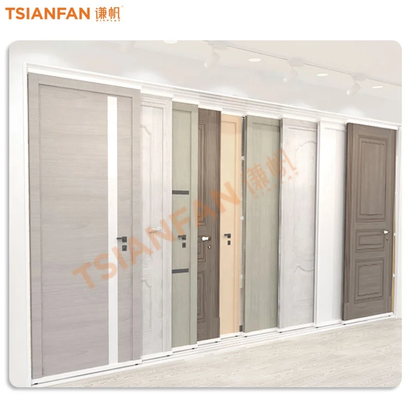 Tsianfan New Design Custom Slider Wooden Cabinet Door Sample Display Rack With Door Frame Sliding Doors Display Stand Exhibition